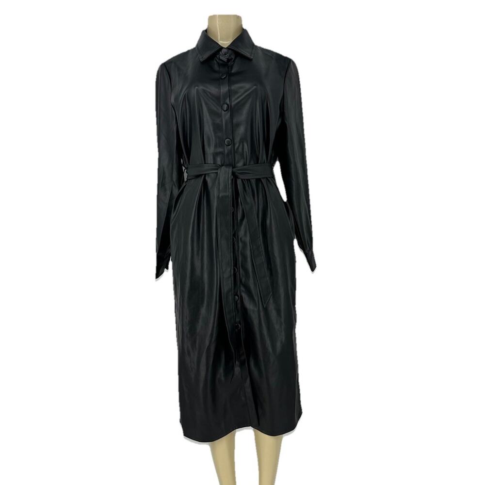 Evereve Medium Women Black Vegan Faux Leather Button Up Midi Dress Trench CLT - Picture 3 of 14